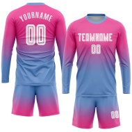 Maillot de football personnalisé à manches longues, rose, blanc et bleu clair, imprimé par sublimation Maillot de football personnalisé à manches longues, rose, blanc et bleu clair, imprimé par sublimation