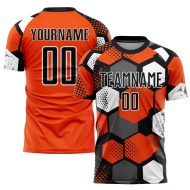 Maillot de football personnalisé orange noir et blanc par sublimation