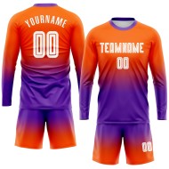 Maillot de football personnalisé à manches longues, imprimé par sublimation, orange, blanc et violet Maillot de football personnalisé à manches longues, imprimé par sublimation, orange, blanc et violet
